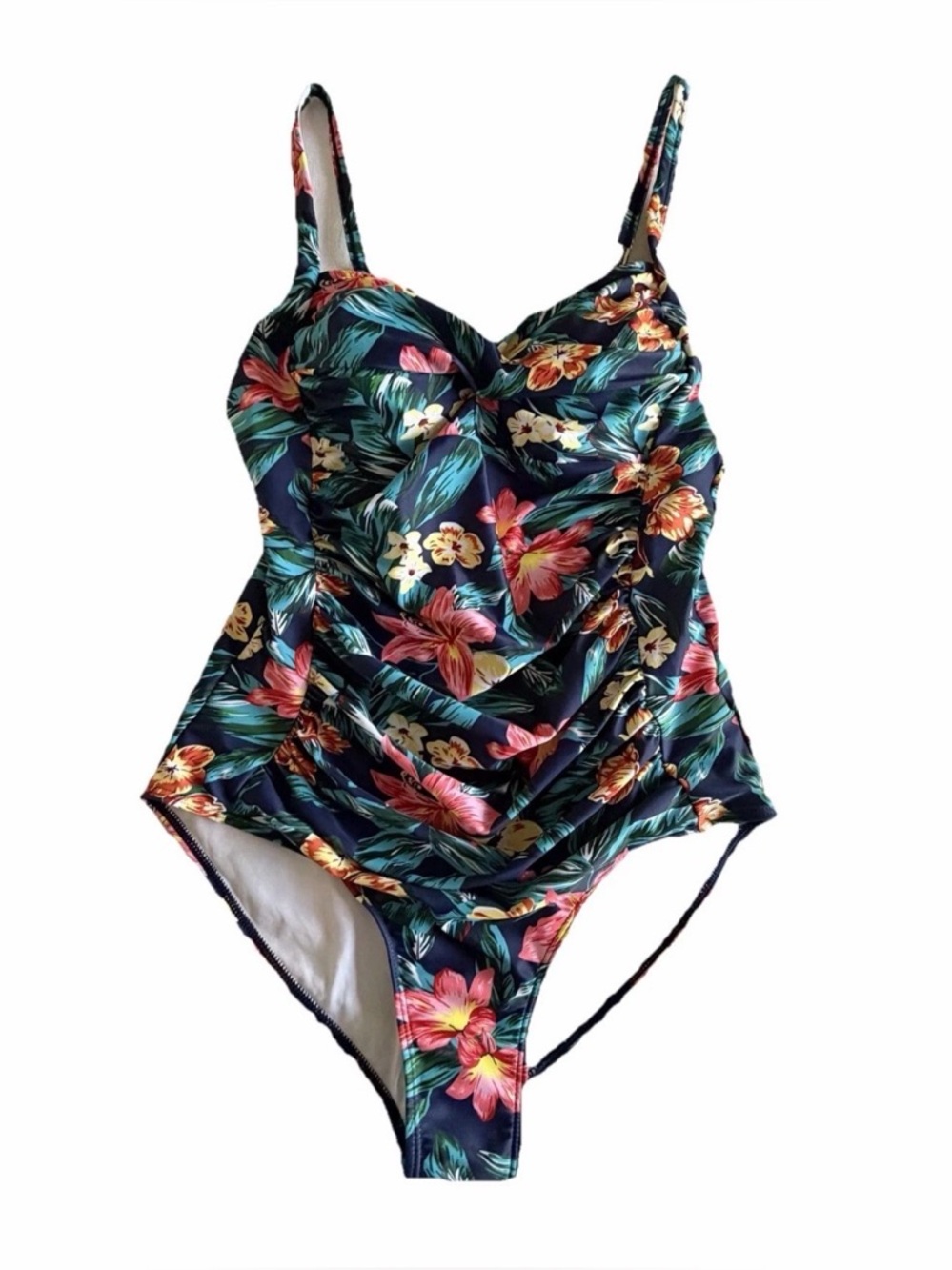 Ekouaer Swimsuit Womens XL Blue Floral One Piece Padded Tank Ruched Tropical